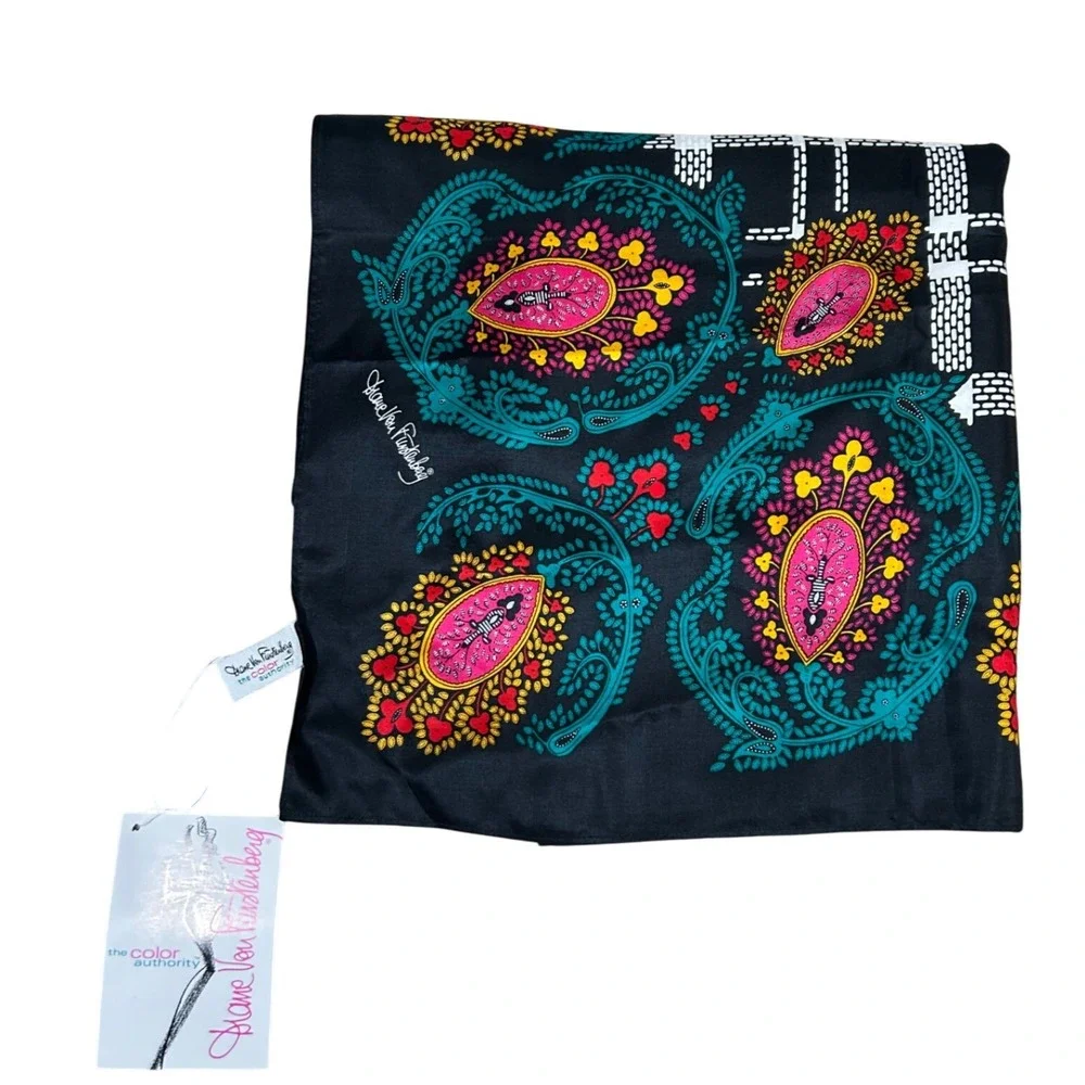 NWT Vintage Diane Von Furstenberg Silk Scarf Black Paisley‎ Floral Print Boho